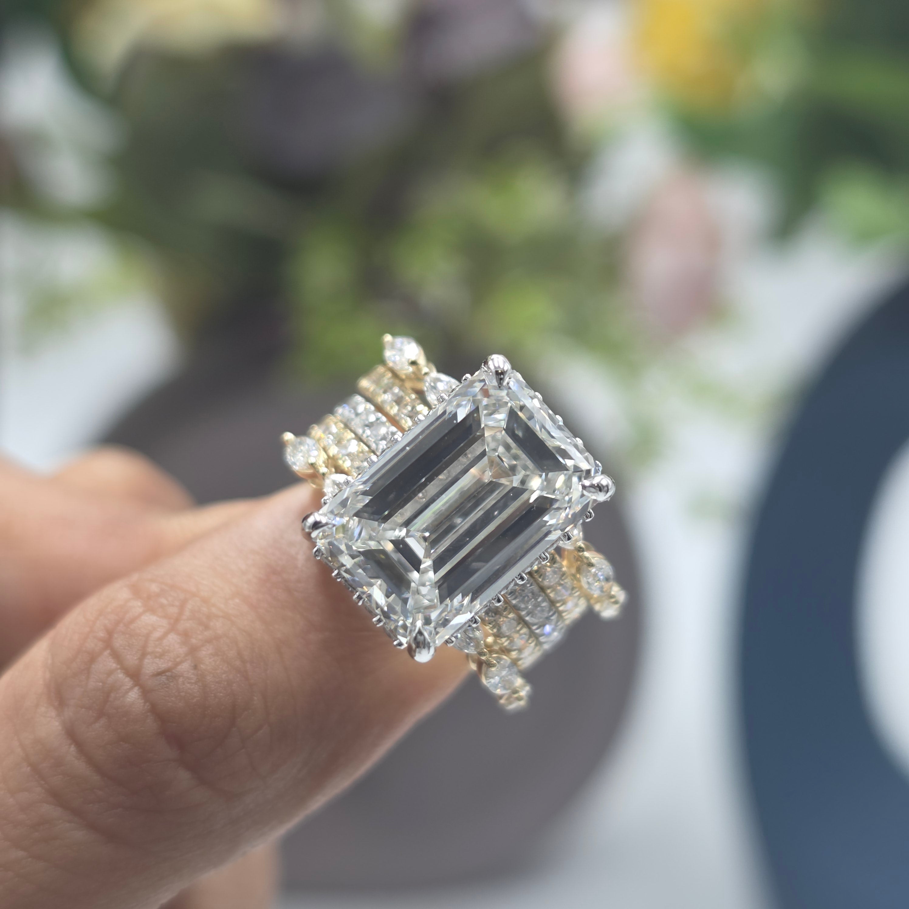 10.50ct Emerald Lab Grown Diamond Hidden Halo Ring with Marquise & Round Stack