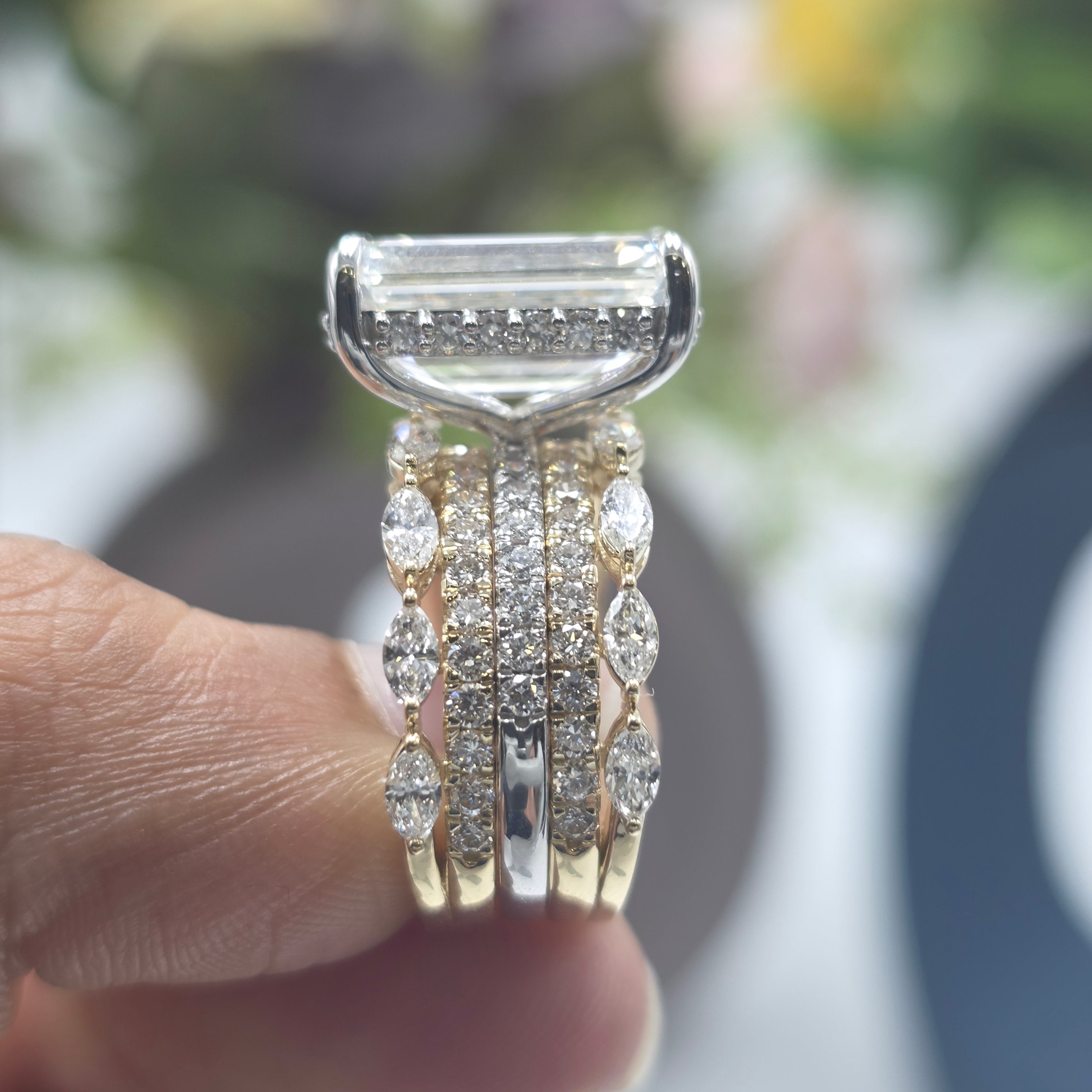 10.50ct Emerald Lab Grown Diamond Hidden Halo Ring with Marquise & Round Stack