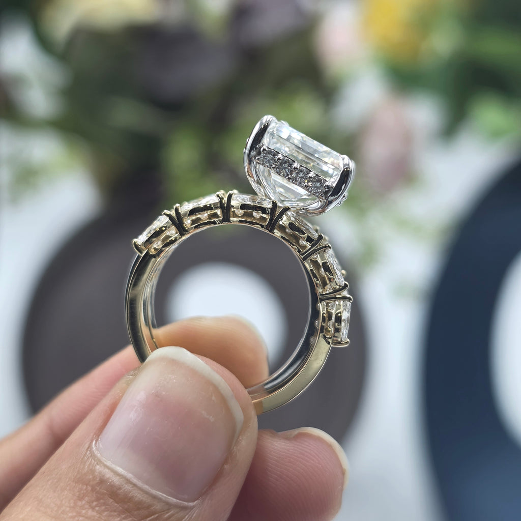 10.50ct Emerald Lab Grown Diamond Hidden Halo Ring with Marquise & Round Stack