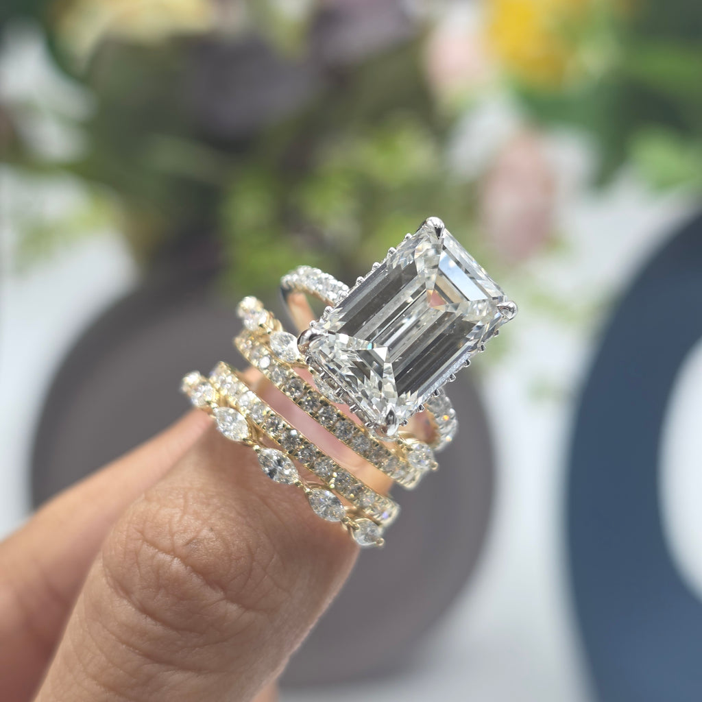 10.50ct Emerald Lab Grown Diamond Hidden Halo Ring with Marquise & Round Stack