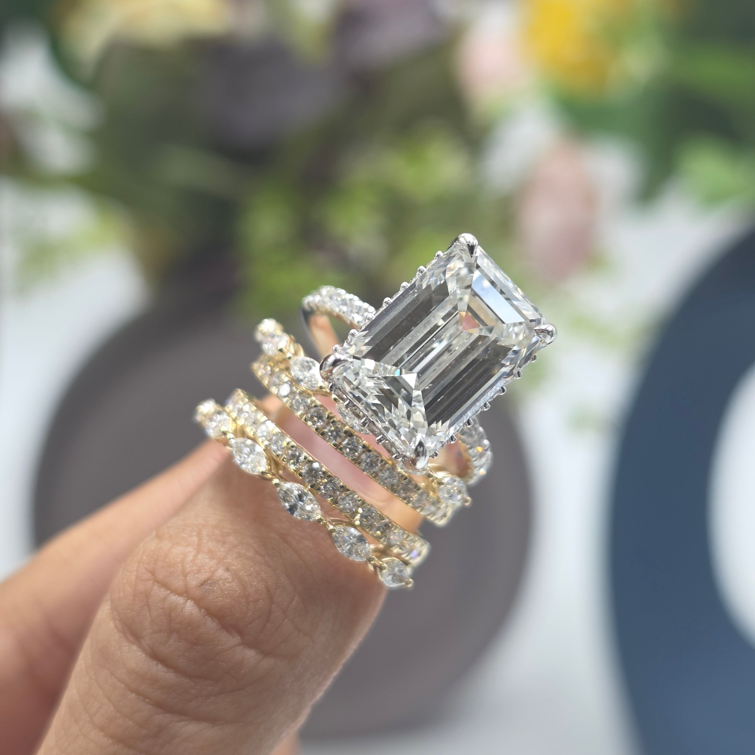 10.50ct Emerald Lab Grown Diamond Hidden Halo Ring with Marquise & Round Stack