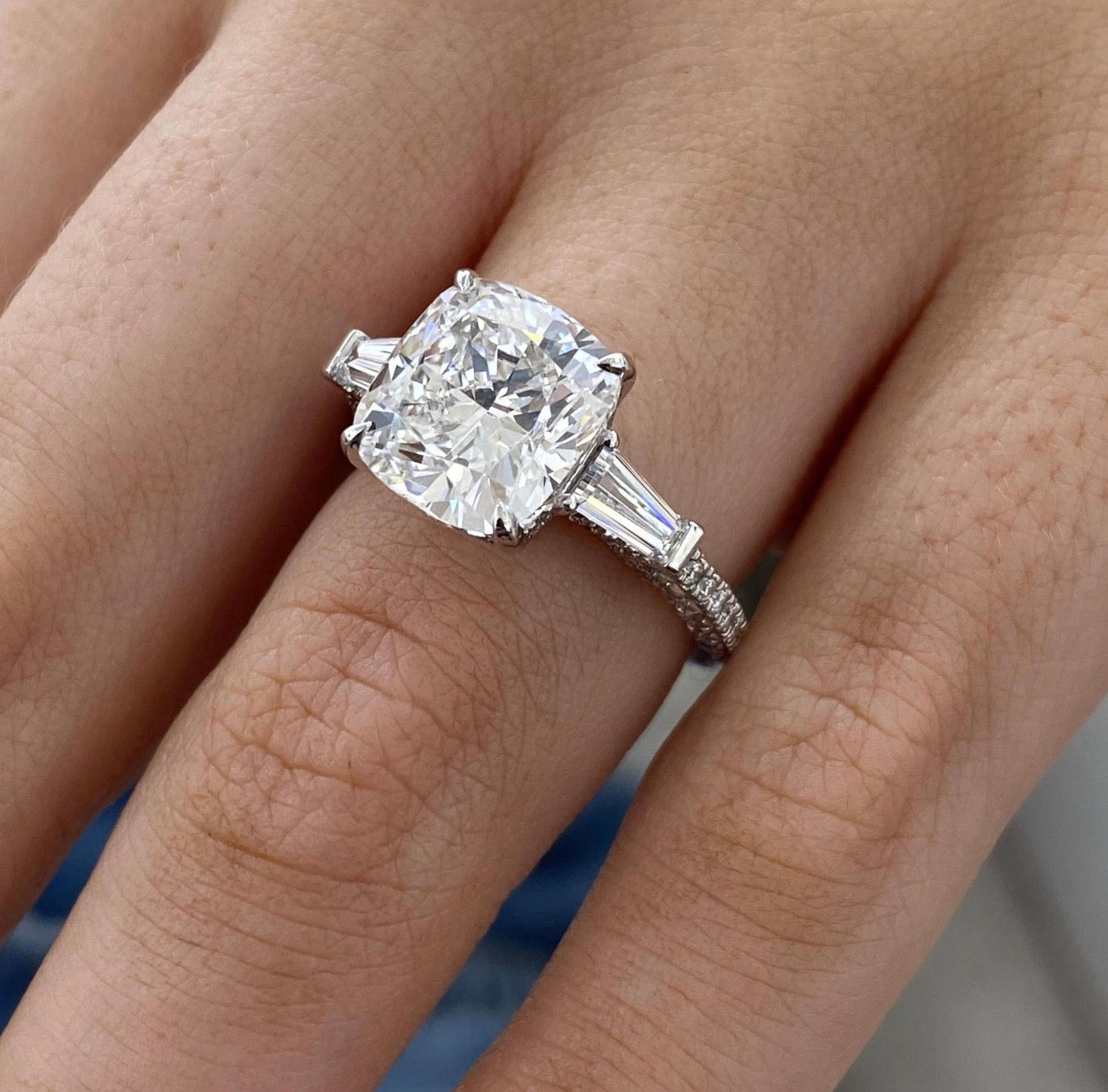 3.20ct Cushion Cut with Tapered Baguette Ring