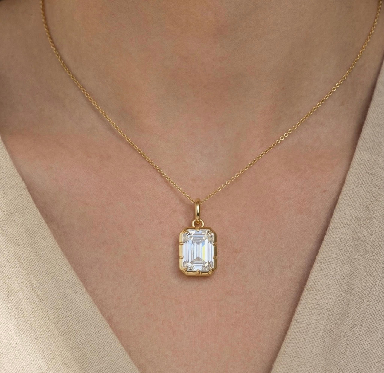 Emerald Cut Bezel Prong Set Charm Pendant