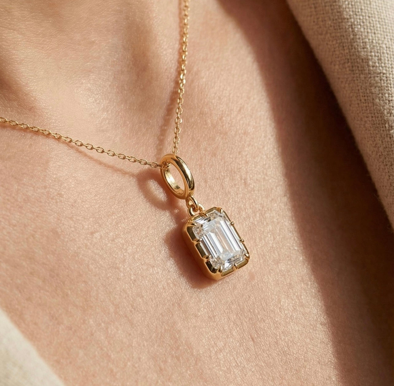Emerald Cut Bezel Prong Set Charm Pendant