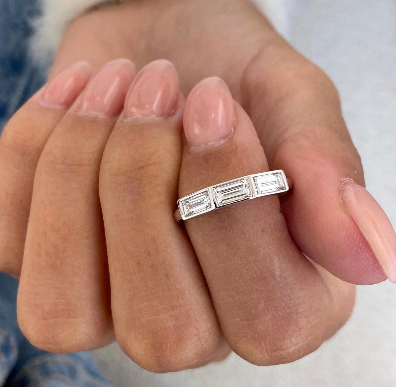 0.68ct Three Tapered Baguette Bezel Set Wedding Ring