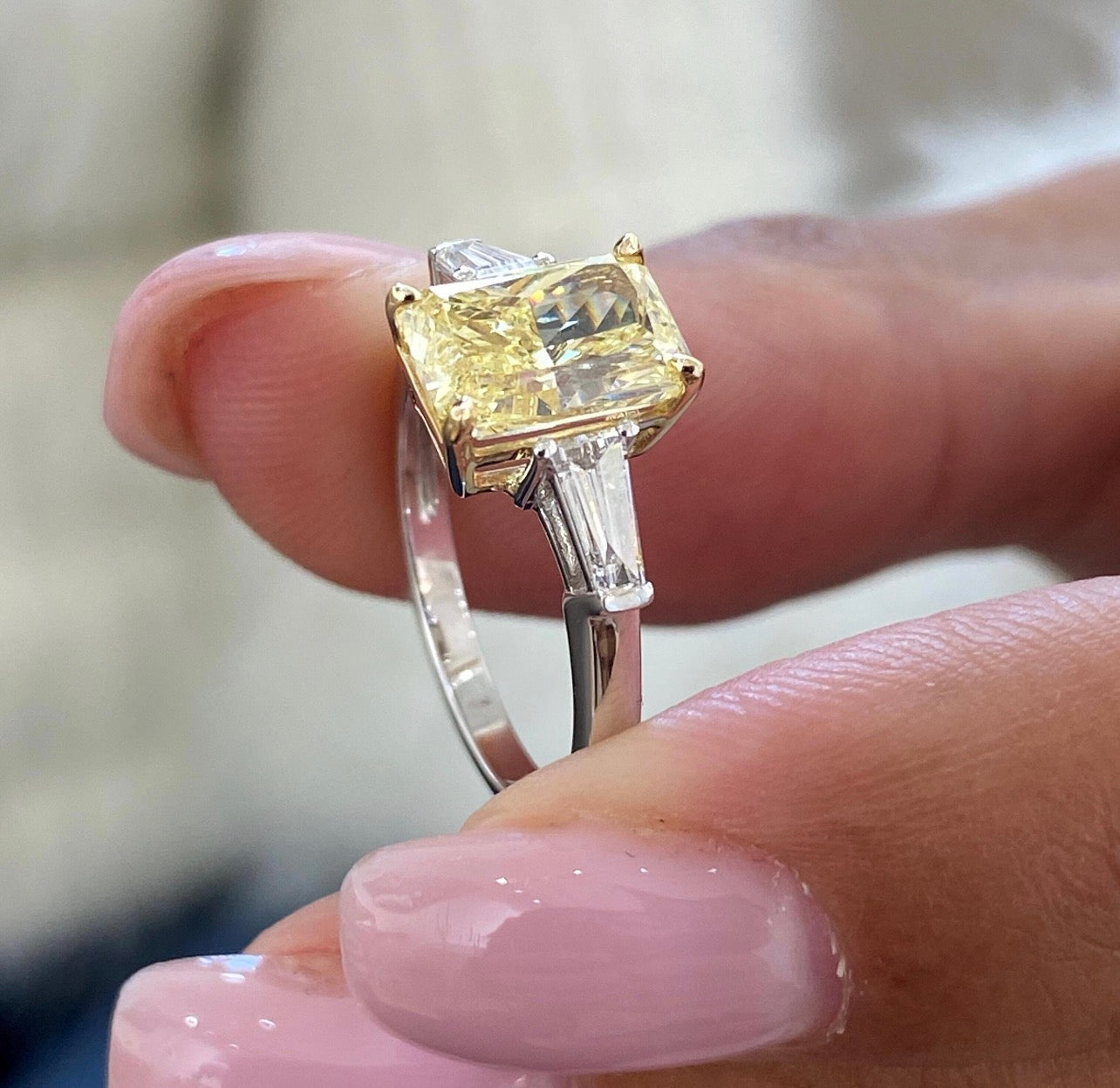 2ct Fancy Yellow Radiant with Baguette Ring