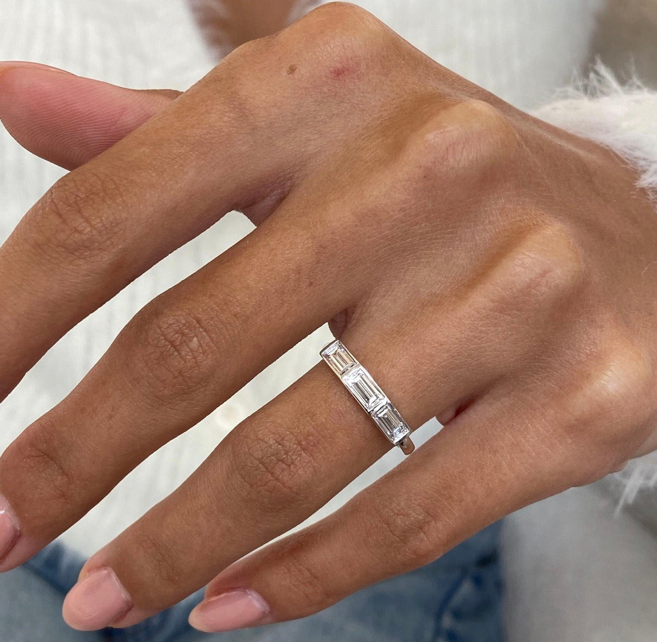 0.68ct Three Tapered Baguette Bezel Set Wedding Ring