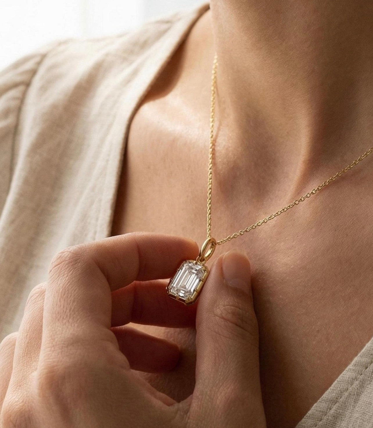 Emerald Cut Bezel Prong Set Charm Pendant