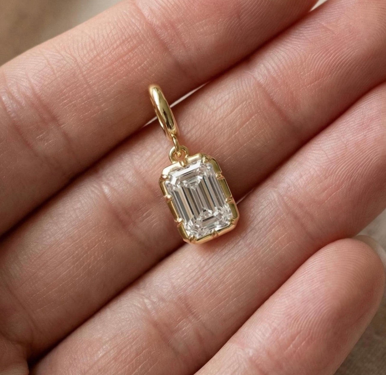 Emerald Cut Bezel Prong Set Charm Pendant