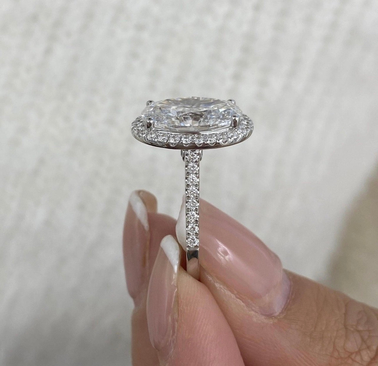Oval Lab Grown Diamond Halo Set Pave Band Ring