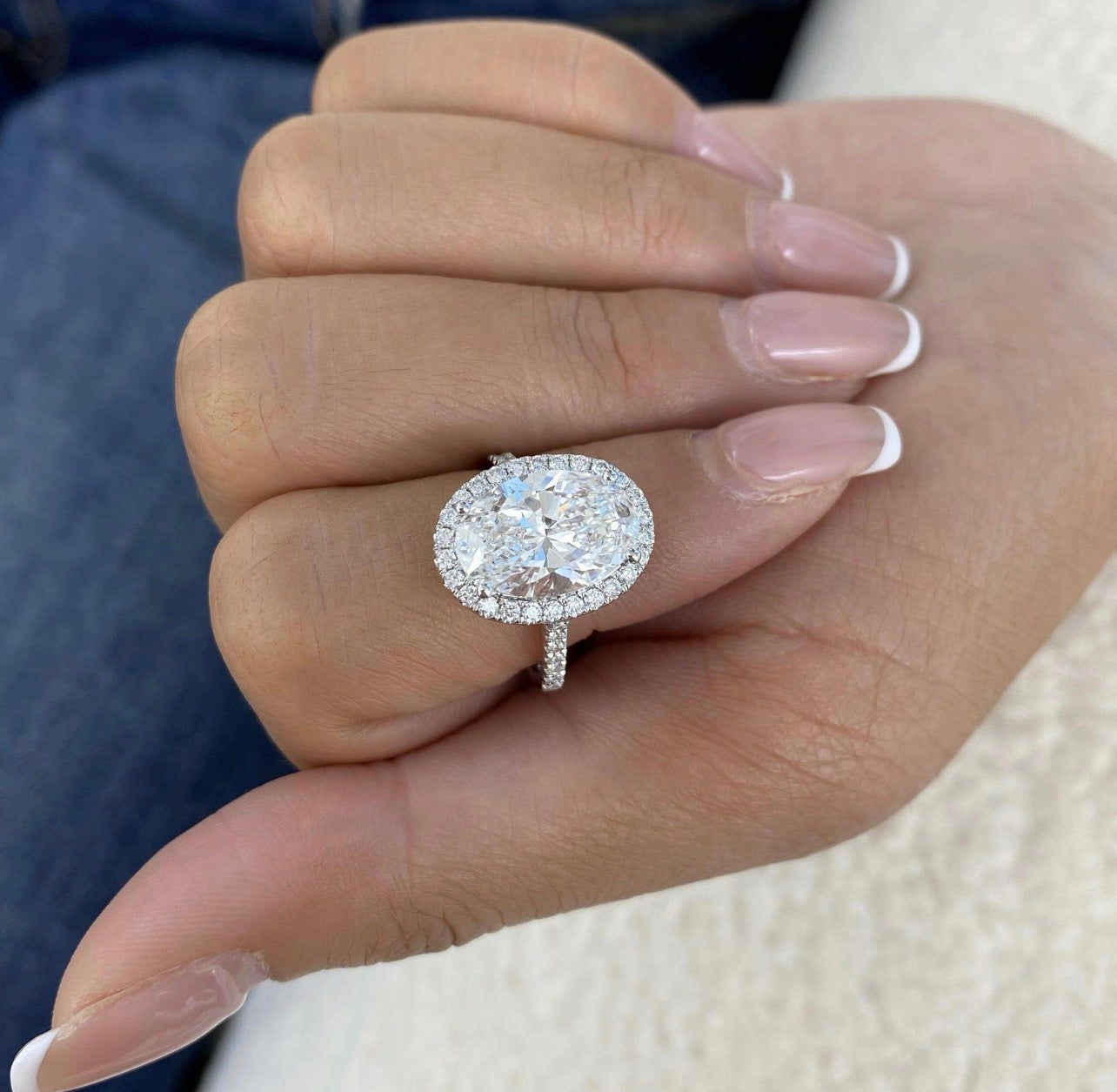 Oval Lab Grown Diamond Halo Set Pave Band Ring
