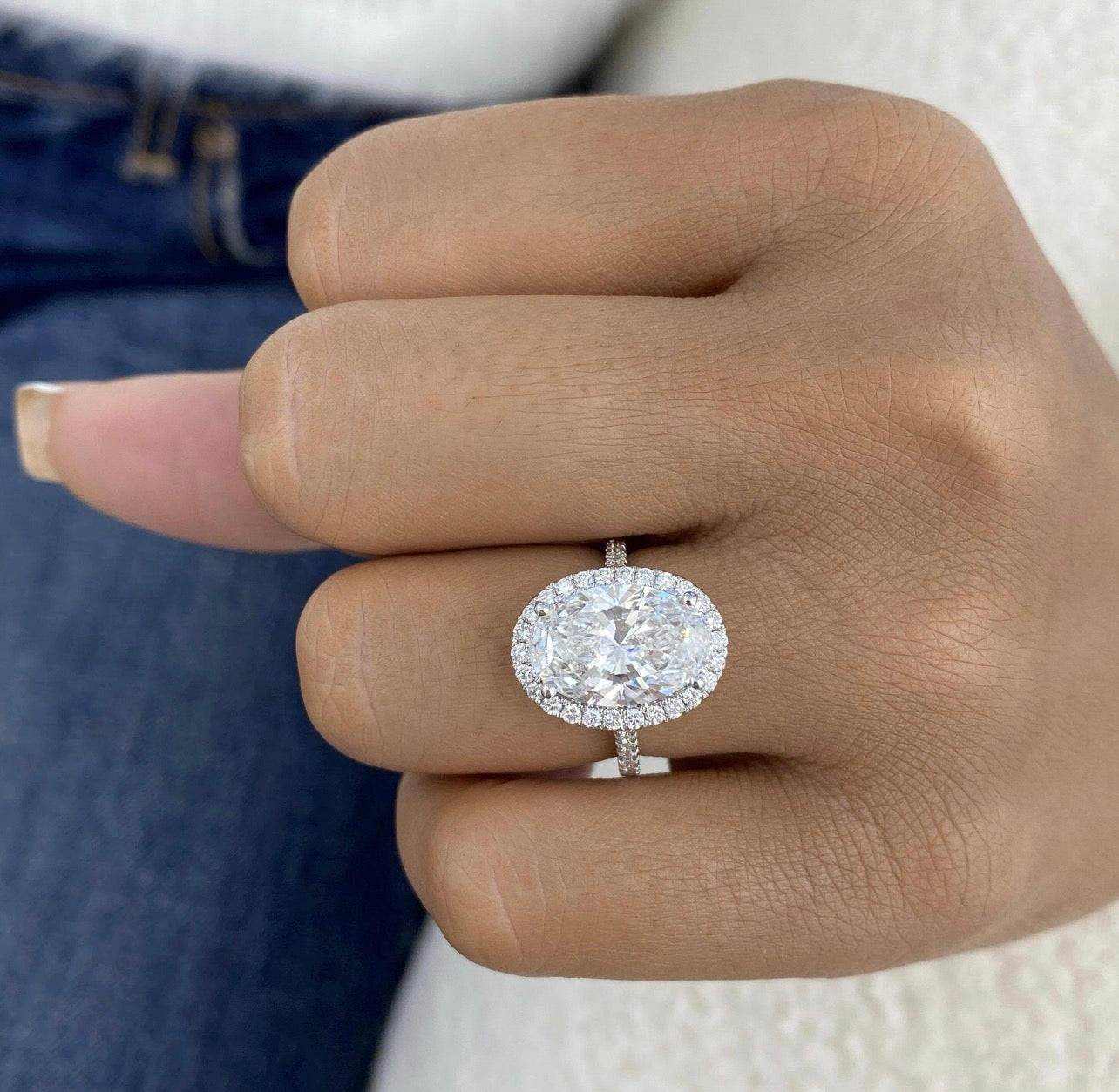 Oval Lab Grown Diamond Halo Set Pave Band Ring