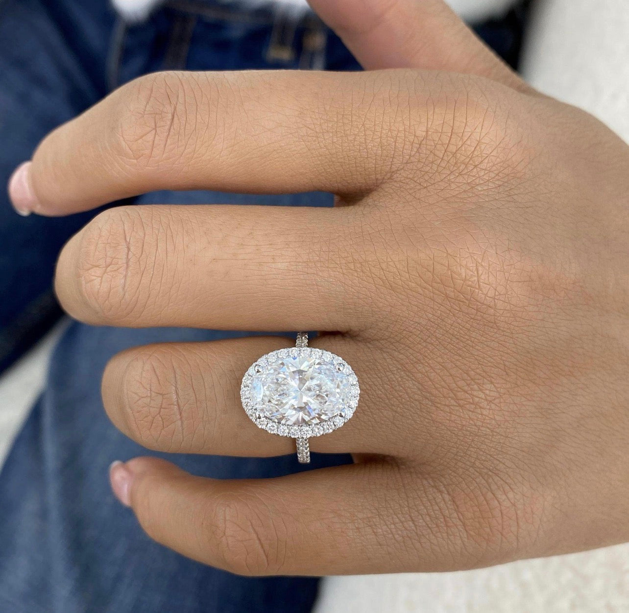 Oval Lab Grown Diamond Halo Set Pave Band Ring