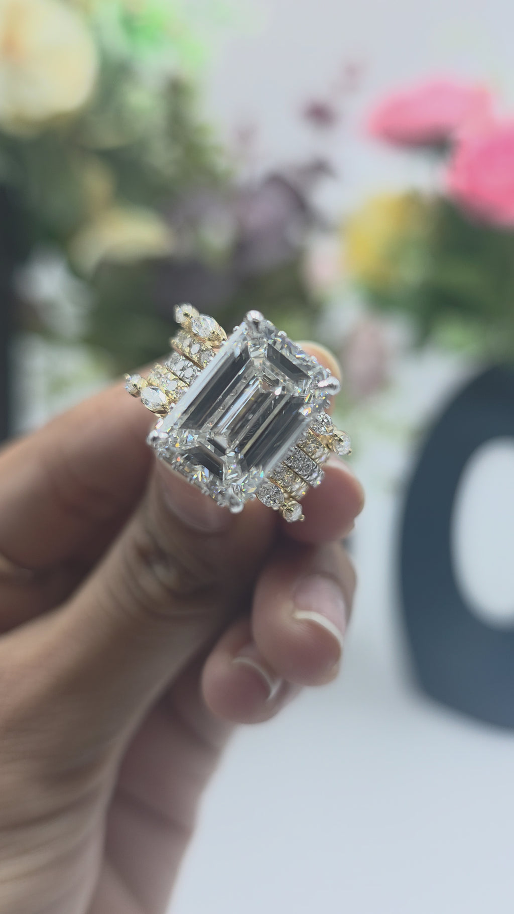 10.50ct Emerald Lab Grown Diamond Hidden Halo Ring with Marquise & Round Stack